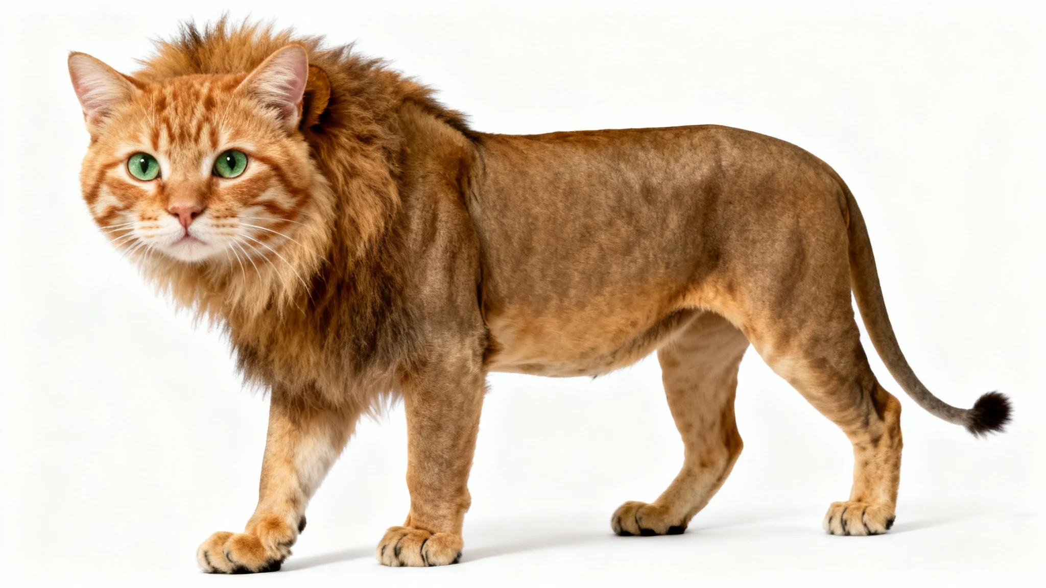 A humorous, digitally created image showing an animal body swap: the head of a ginger cat is on the powerful body of a lion, set against a plain white background.