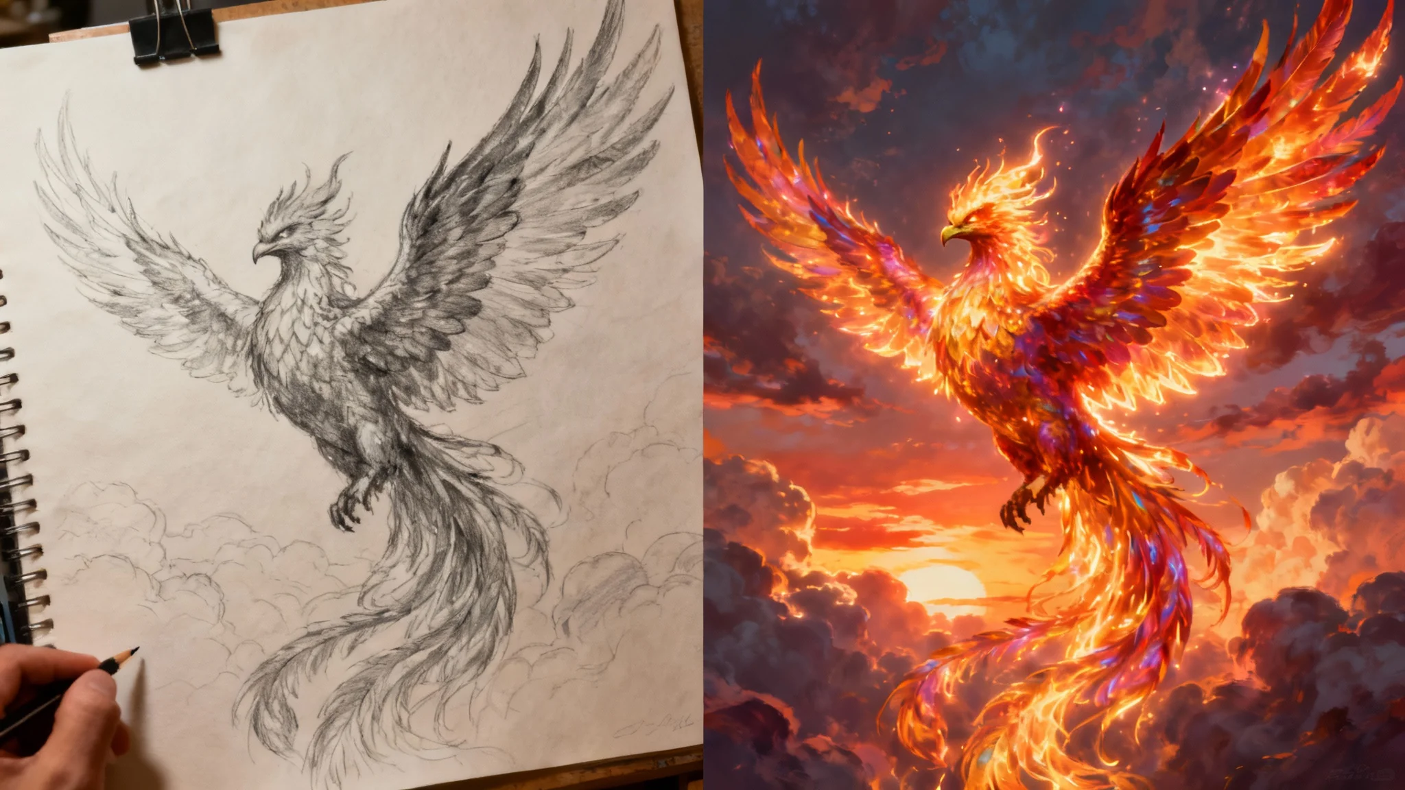 An eye-catching hero image showing a pencil sketch of a phoenix on the left transforming into a vibrant, full-color digital illustration on the right, demonstrating the output of an AI art tool.