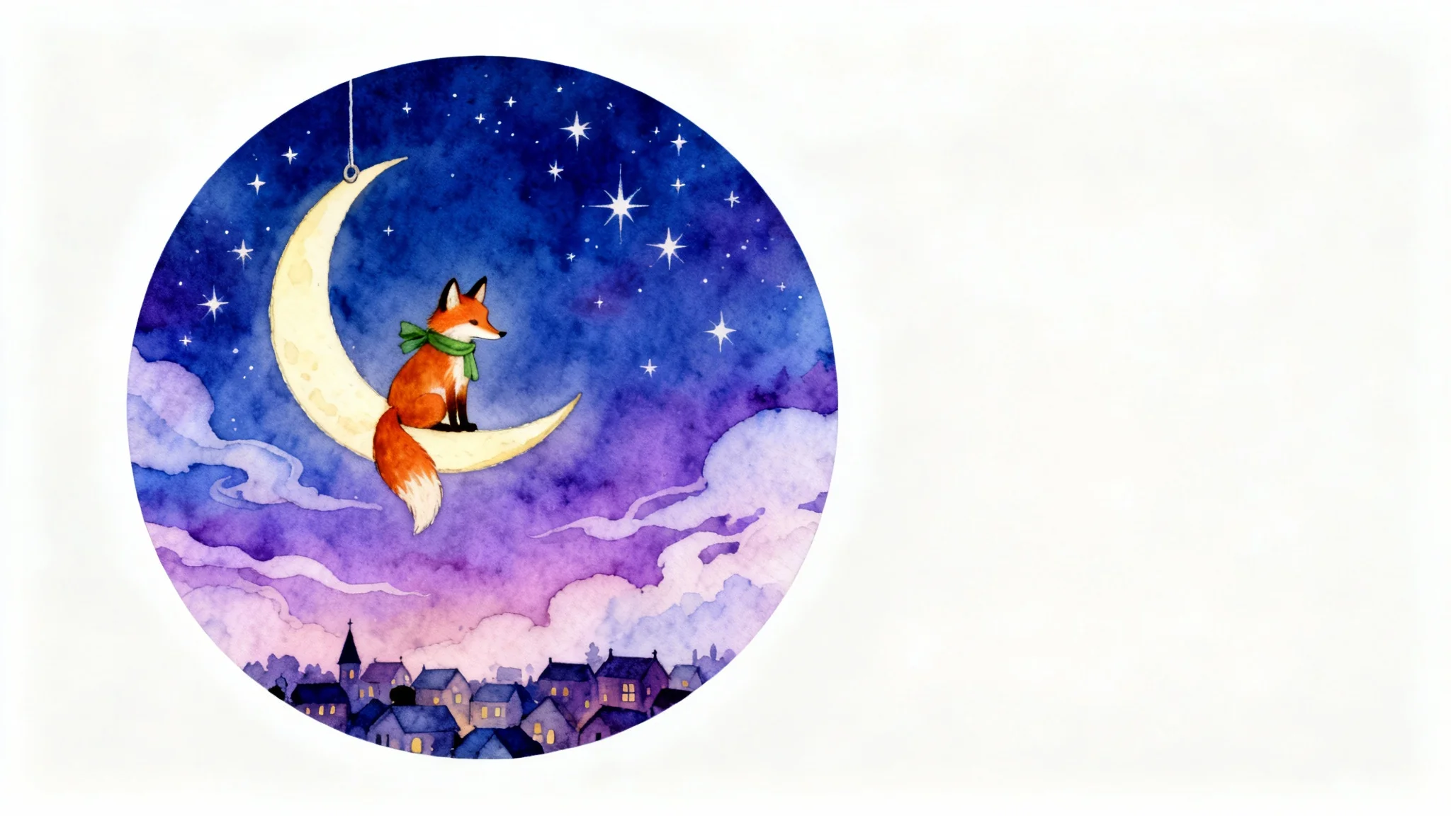 A whimsical watercolor illustration of a fox with a green scarf sitting on a crescent moon, looking down at a sleeping town, presented on a clean white background.