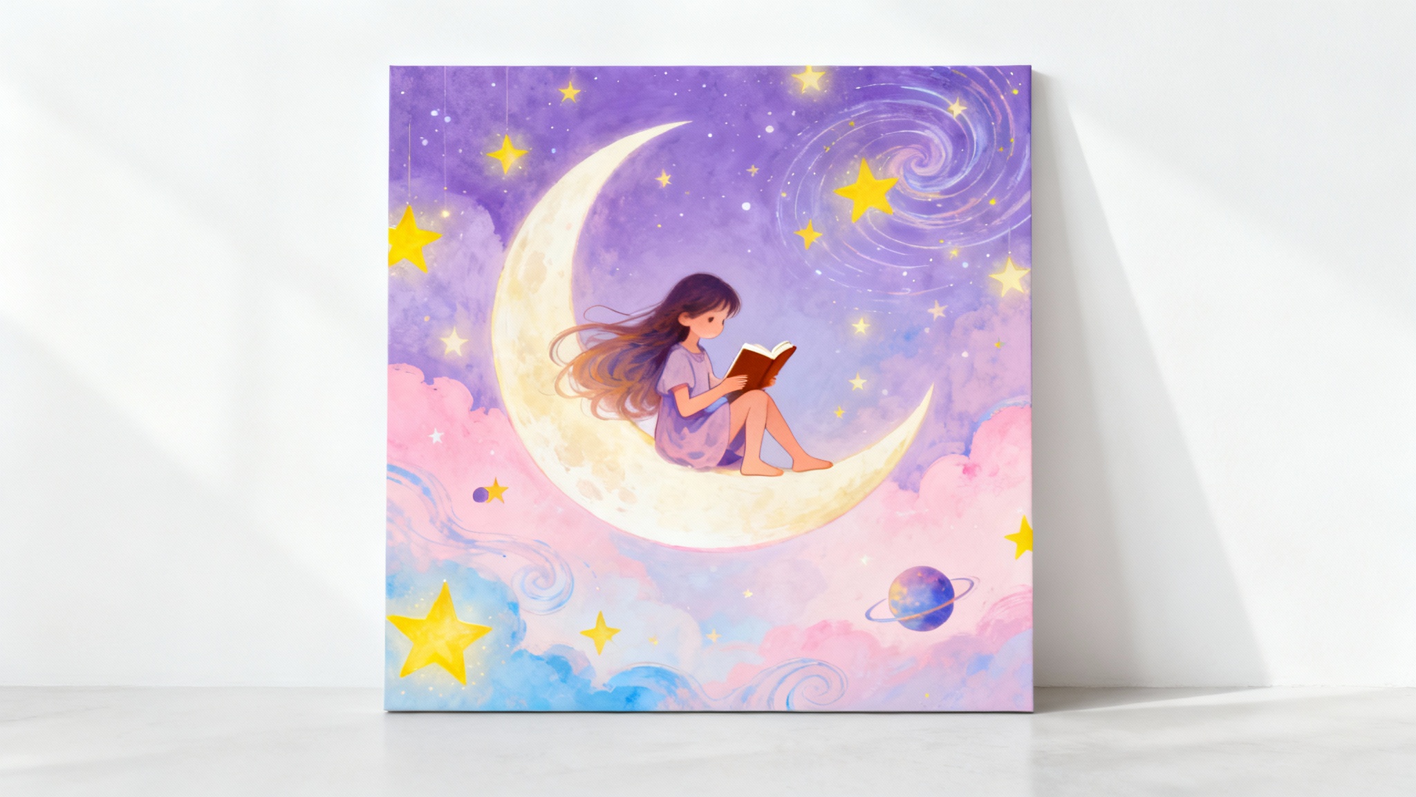 A whimsical digital illustration of a young girl reading a book on a floating crescent moon, set against a pastel sky with stars. Mockup on a white background.