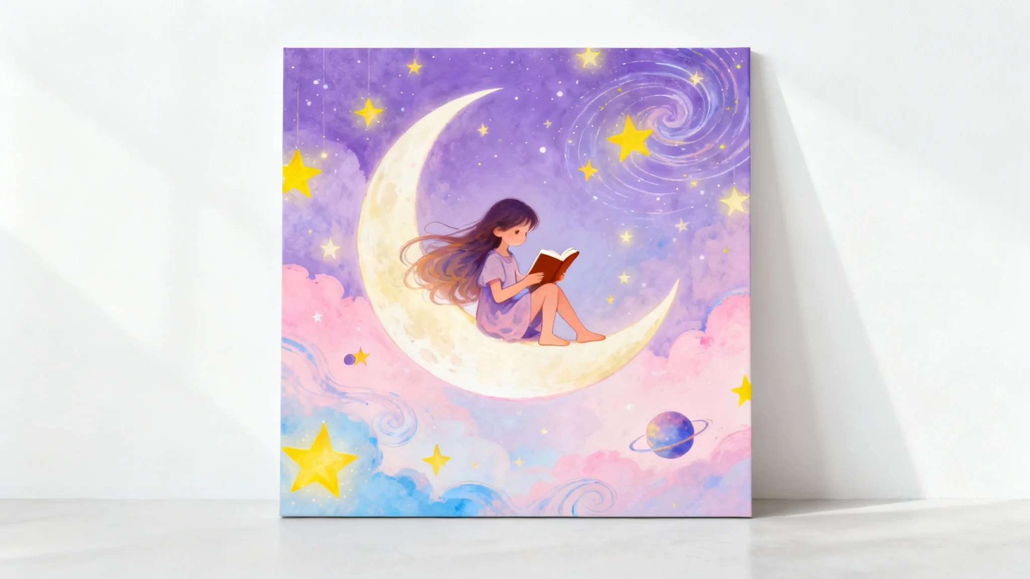 A whimsical digital illustration of a young girl reading a book on a floating crescent moon, set against a pastel sky with stars. Mockup on a white background.