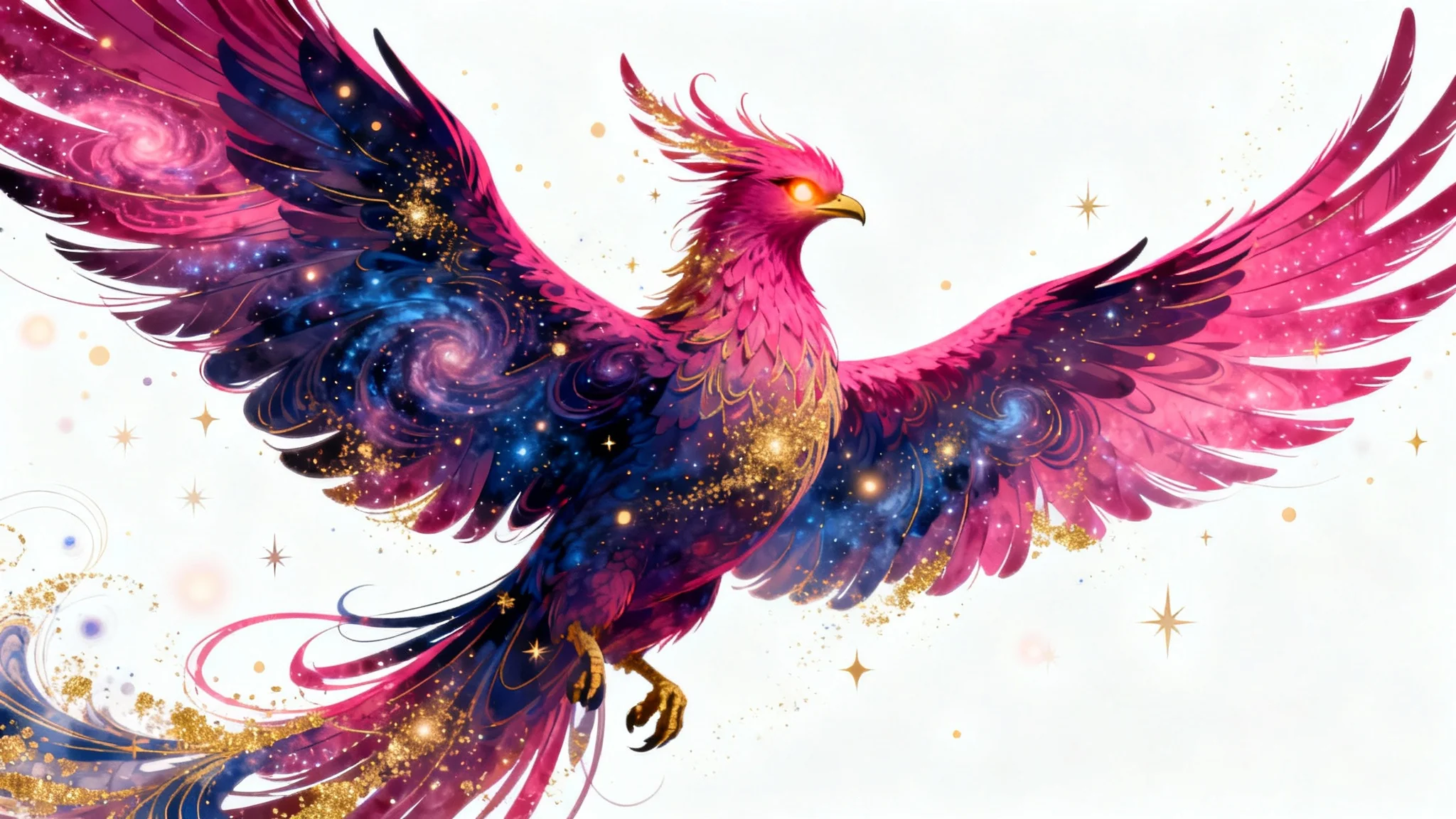 A beautiful digital illustration of a celestial phoenix in mid-flight, with feathers resembling a colorful nebula, set against a plain white background.