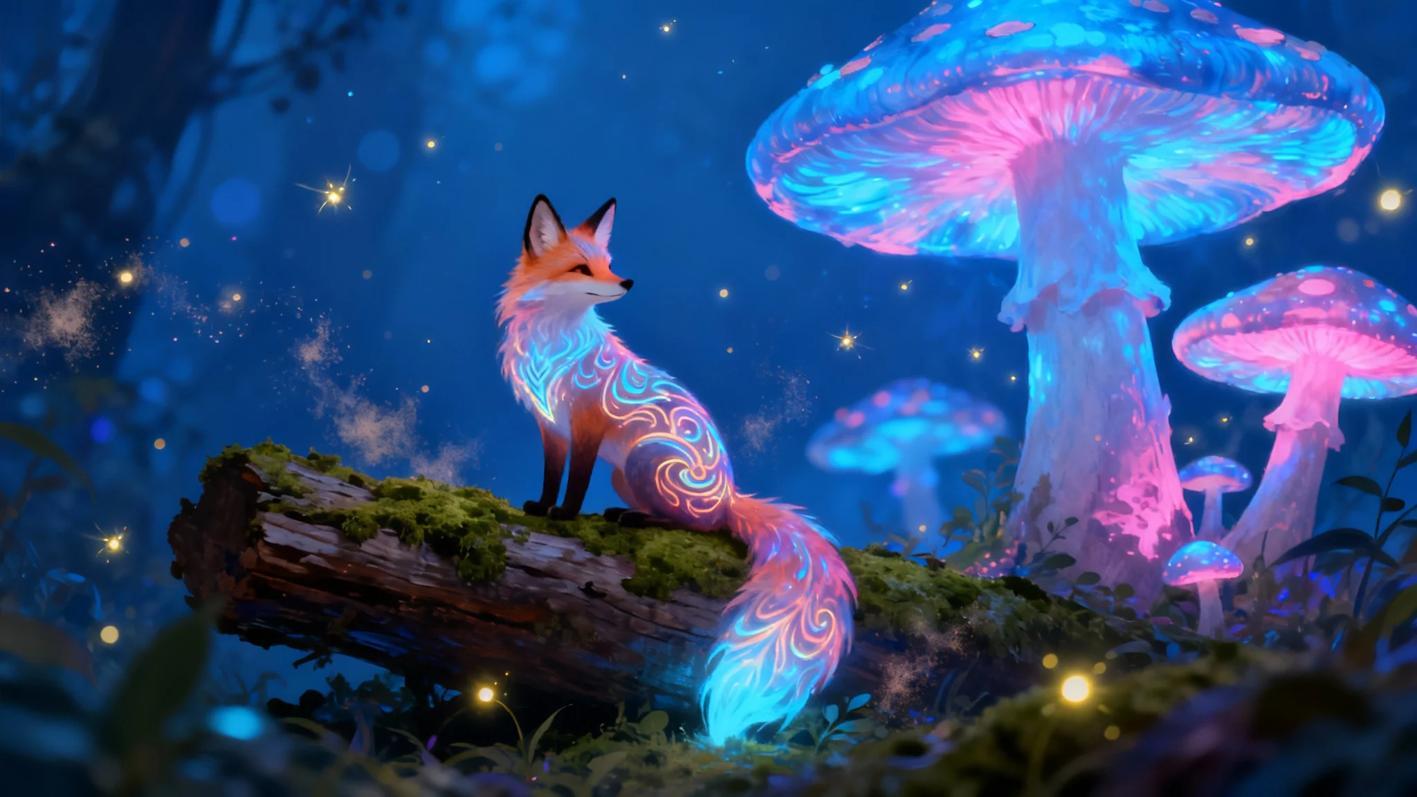 A beautiful digital illustration of a small, glowing spirit fox in a magical, bioluminescent forest at night.