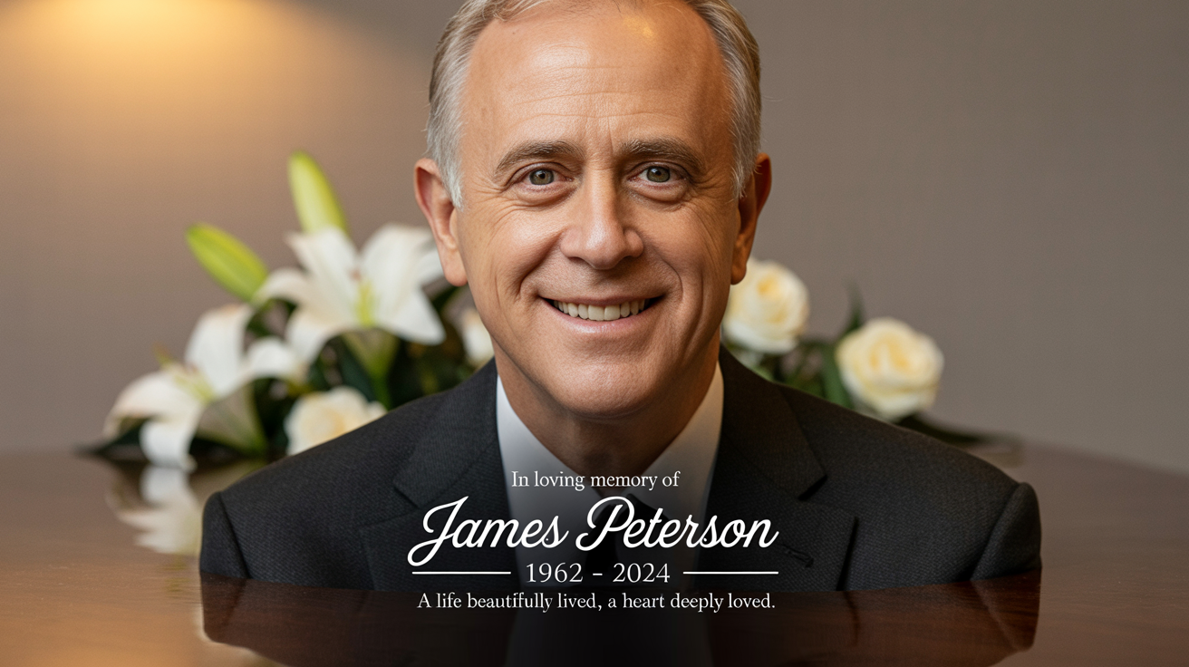 A professionally designed funeral memorial poster for 'James Peterson', featuring his portrait, a loving message, and service details against a soft floral background.