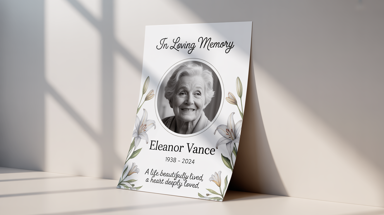 A serene and elegant mockup of a funeral poster for 'Eleanor Vance', featuring a black and white photo, birth and death dates, and tasteful watercolor lily decorations, set against a clean white background.