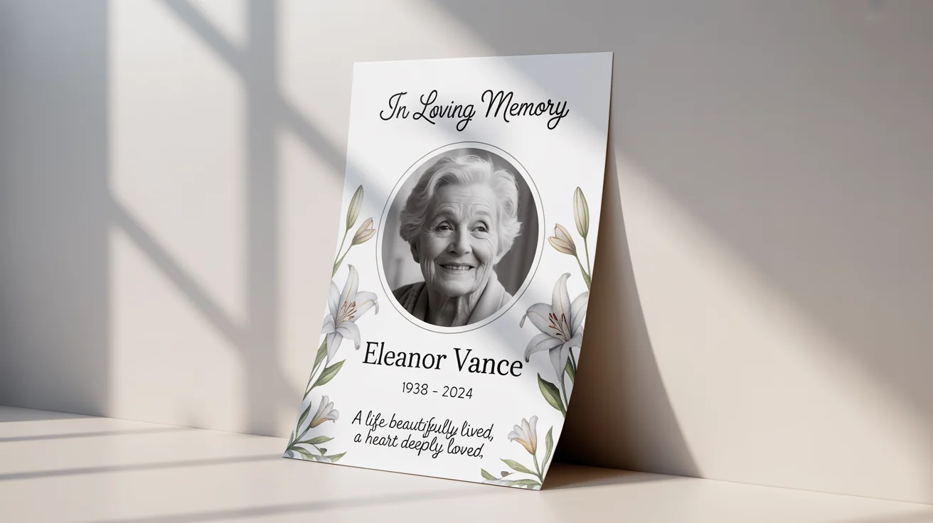 A serene and elegant mockup of a funeral poster for 'Eleanor Vance', featuring a black and white photo, birth and death dates, and tasteful watercolor lily decorations, set against a clean white background.