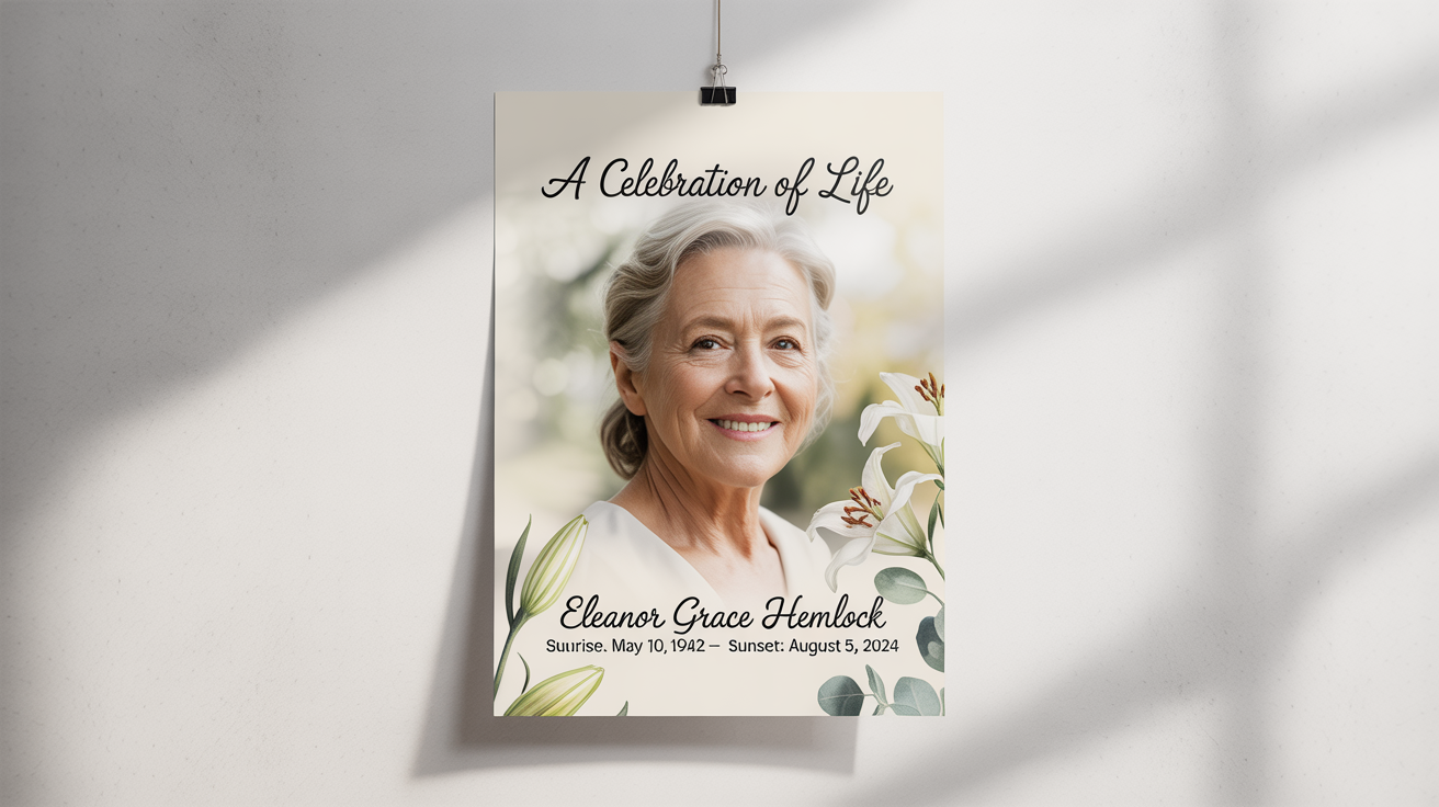 A mockup of an elegant funeral poster for 'Eleanor Grace Hemlock', featuring her portrait, life dates, and delicate watercolor lilies, set against a plain white background.