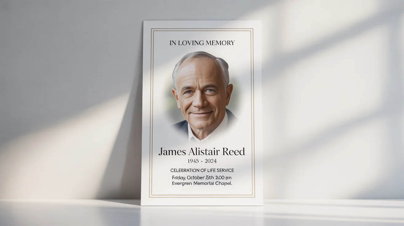 A mockup of an elegant funeral poster for 'James Alistair Reed', featuring his portrait, service details, and a simple gold border, displayed against a plain white background.