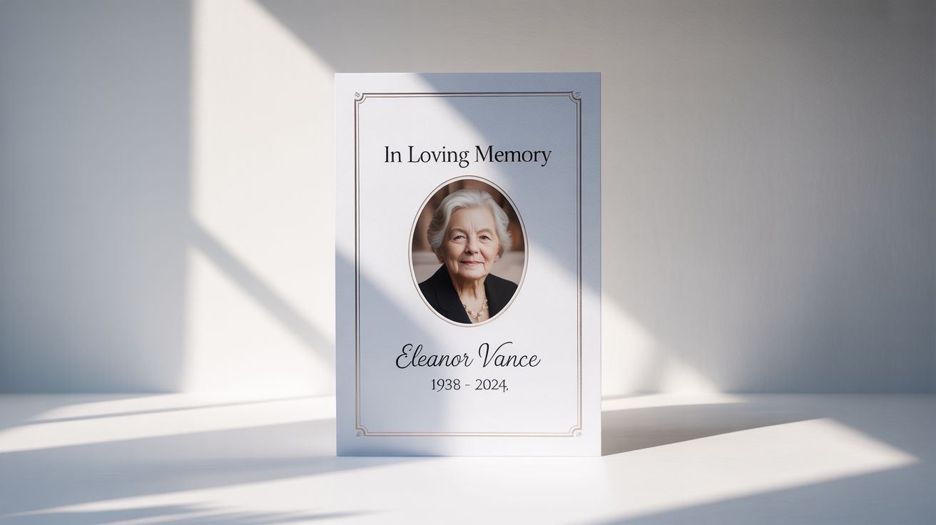 A mockup of an elegant funeral poster for 'Eleanor Vance', featuring a black and white photo, the title 'In Loving Memory', and her life dates, displayed against a plain white background.