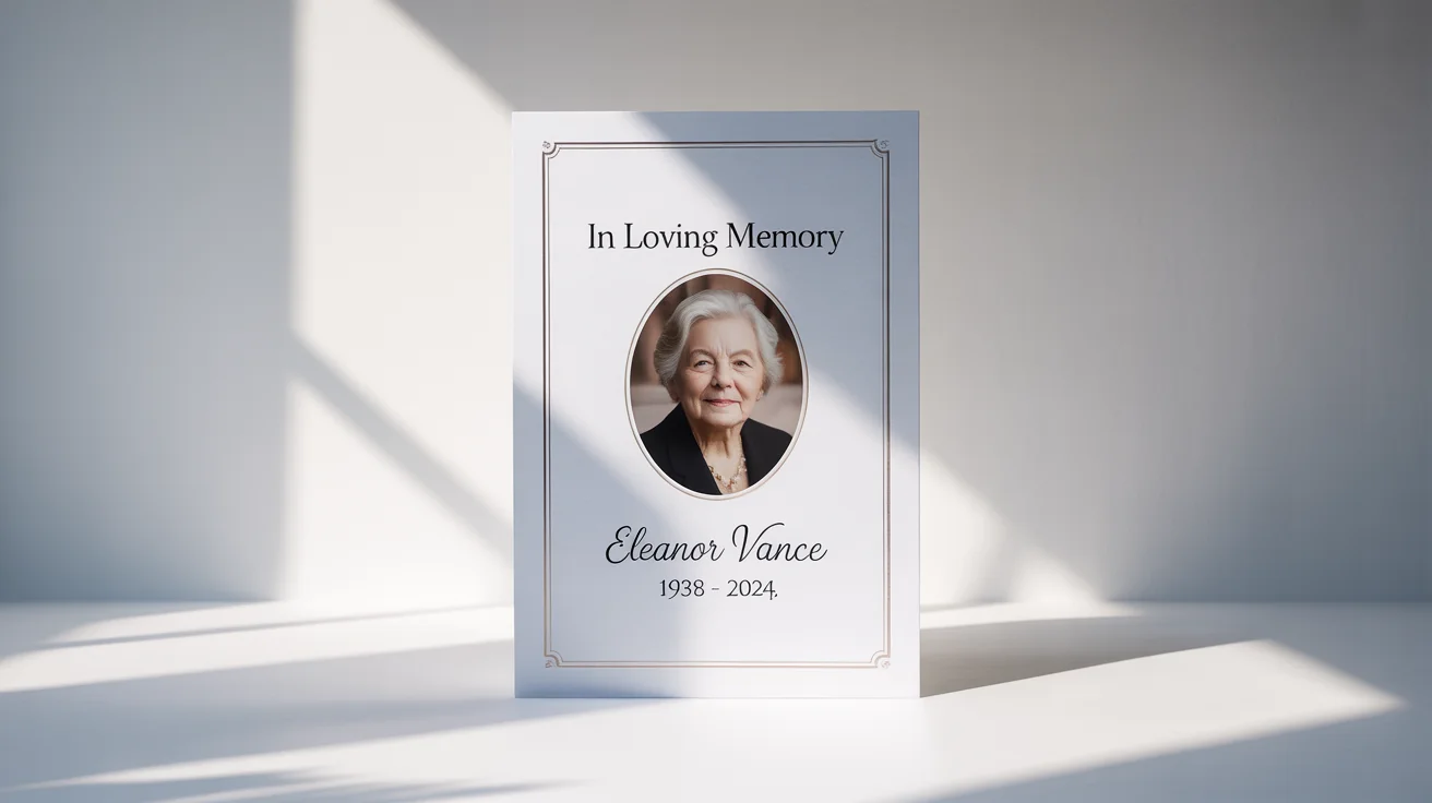 A mockup of an elegant funeral poster for 'Eleanor Vance', featuring a black and white photo, the title 'In Loving Memory', and her life dates, displayed against a plain white background.