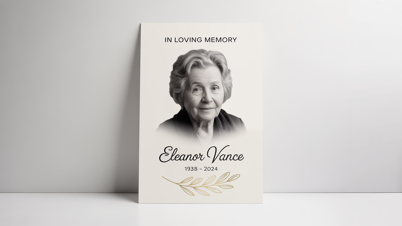 A professionally designed funeral poster mockup for 'Eleanor Vance' on a white background. The design is charcoal gray and cream with a black and white photo, gold text, and a gold olive branch illustration.