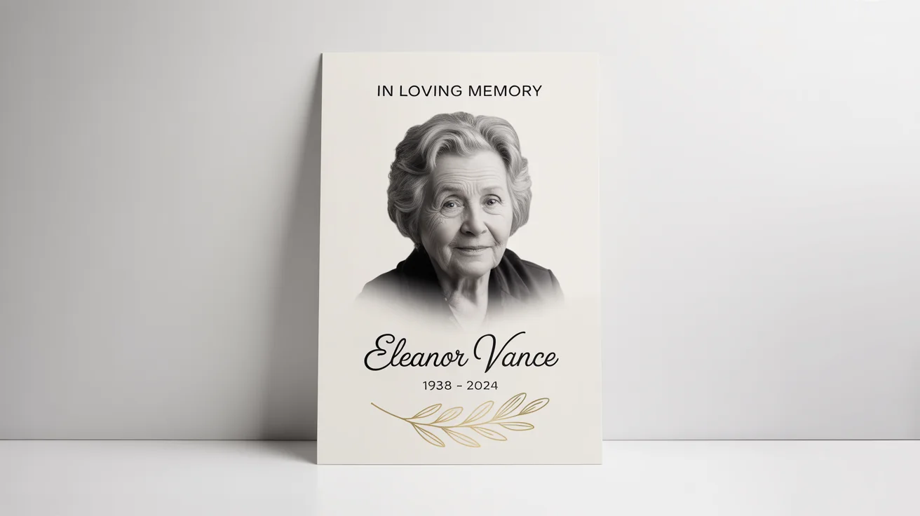 A professionally designed funeral poster mockup for 'Eleanor Vance' on a white background. The design is charcoal gray and cream with a black and white photo, gold text, and a gold olive branch illustration.