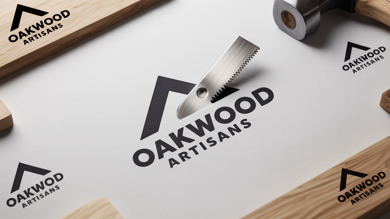 A professionally designed set of modern carpentry logos for 'Oakwood Artisans' displayed on a clean white background, showcasing the final result from a design tool.