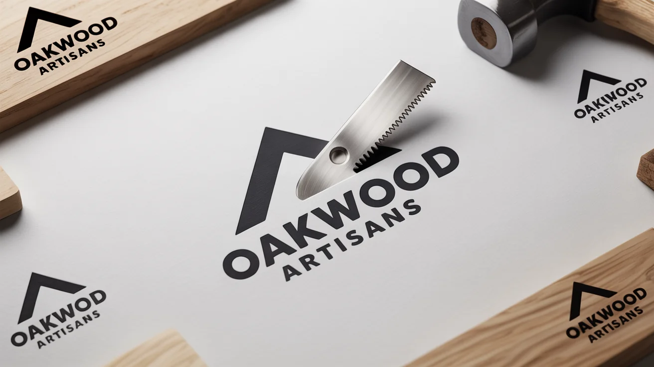 A professionally designed set of modern carpentry logos for 'Oakwood Artisans' displayed on a clean white background, showcasing the final result from a design tool.