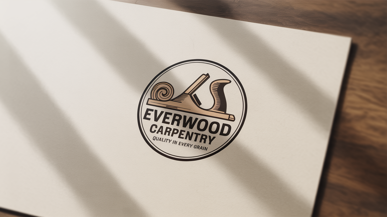 A professional logo for 'Everwood Carpentry', featuring a hand plane and a wood shaving on a white background, demonstrating a carpentry logo design.