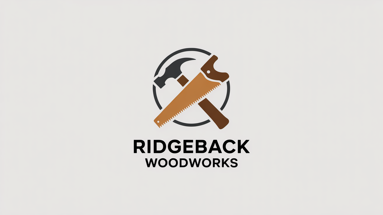A modern carpentry logo for 'Ridgeback Woodworks' featuring a stylized emblem of a hammer and saw, designed in charcoal grey and oak brown on a white background.