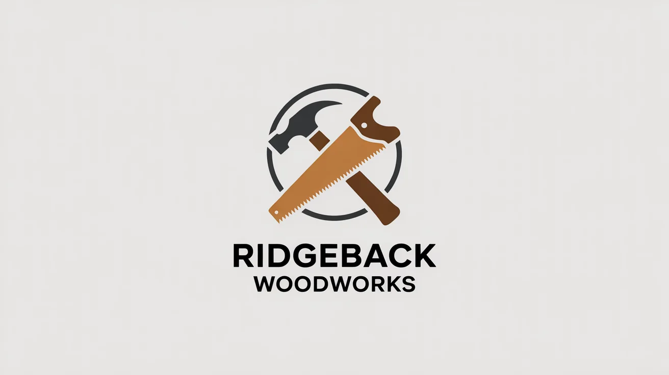 A modern carpentry logo for 'Ridgeback Woodworks' featuring a stylized emblem of a hammer and saw, designed in charcoal grey and oak brown on a white background.
