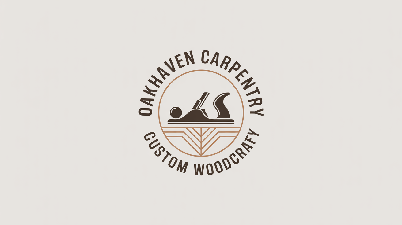 A modern, circular logo for 'Oakhaven Carpentry'. The emblem features a hand plane and a dovetail joint, presented on a clean white background. The style is minimalist and professional.