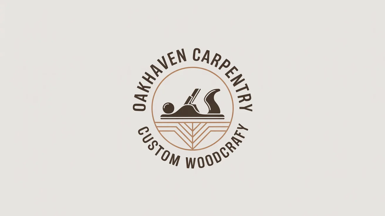 A modern, circular logo for 'Oakhaven Carpentry'. The emblem features a hand plane and a dovetail joint, presented on a clean white background. The style is minimalist and professional.