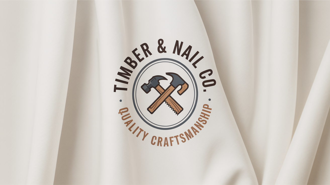 A professional mockup of a carpentry logo for 'Timber & Nail Co.', featuring a circular design with a crossed hammer and saw, presented on a clean white background.