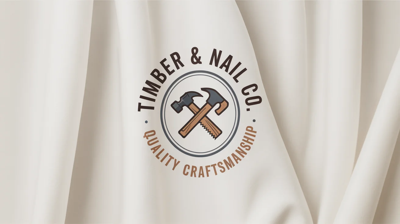 A professional mockup of a carpentry logo for 'Timber & Nail Co.', featuring a circular design with a crossed hammer and saw, presented on a clean white background.