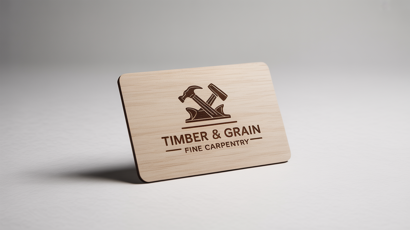 A modern carpentry logo for 'Timber & Grain Fine Carpentry' branded onto a wooden business card, displayed on a clean white background.
