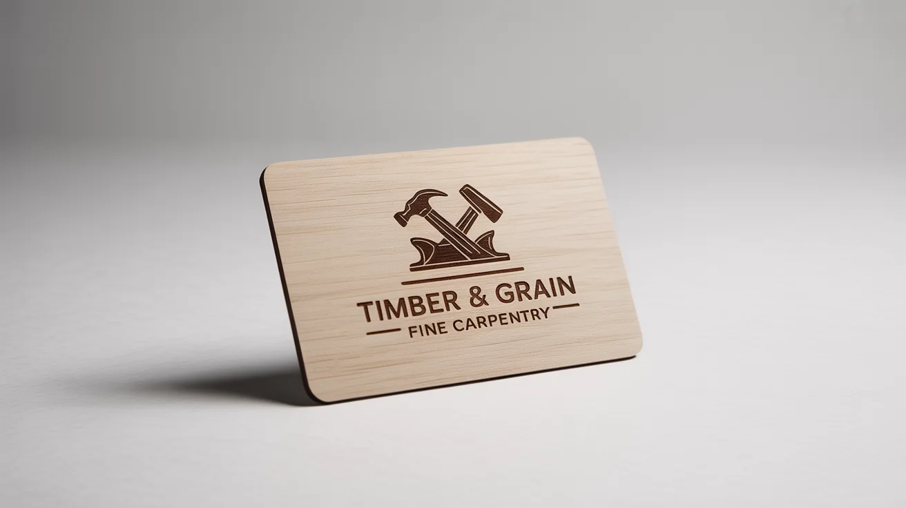 A modern carpentry logo for 'Timber & Grain Fine Carpentry' branded onto a wooden business card, displayed on a clean white background.