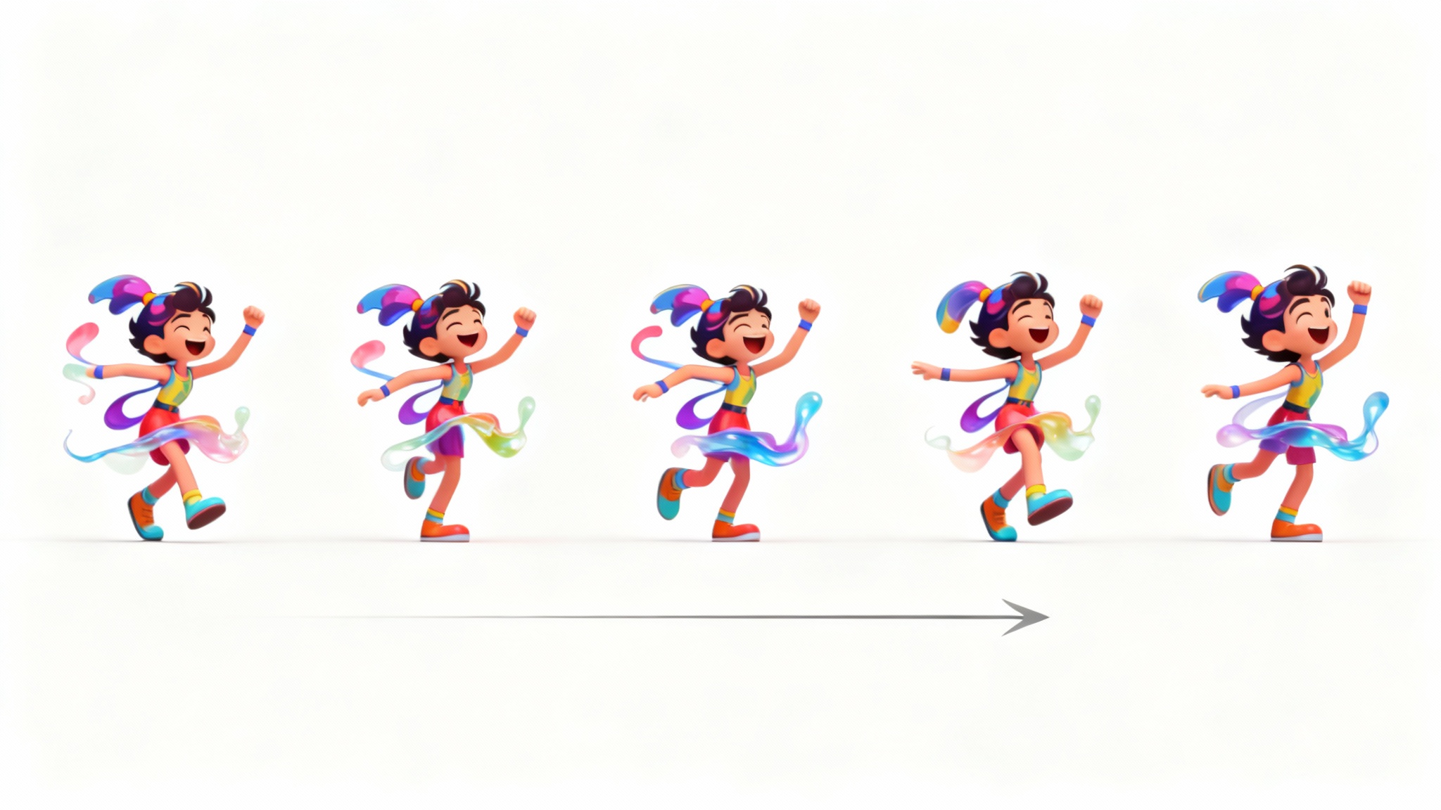 A sequence of five images showing a colorful cartoon character in a dance loop, with an arrow indicating the loop from the last frame to the first, demonstrating a loop animation.