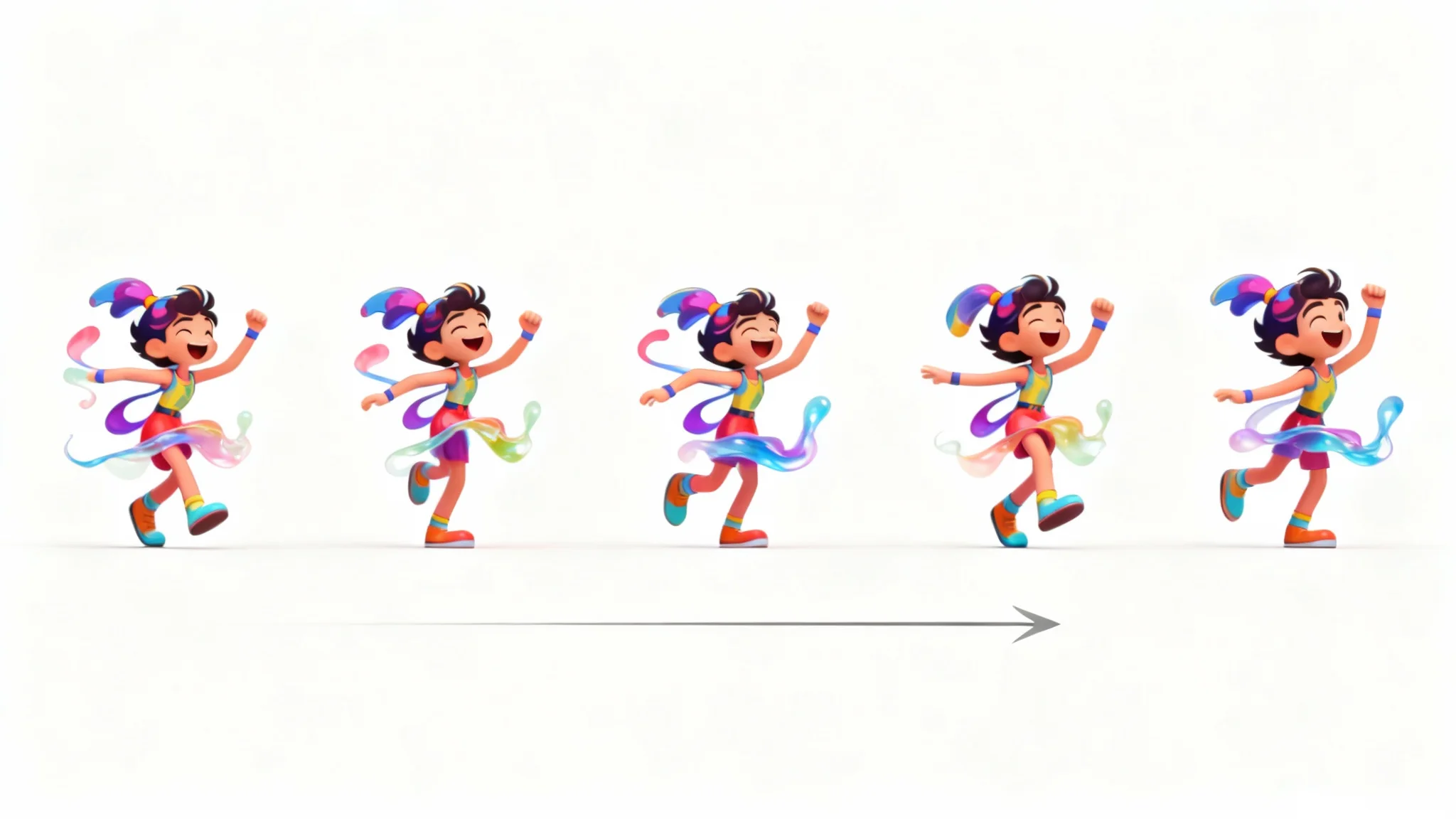 A sequence of five images showing a colorful cartoon character in a dance loop, with an arrow indicating the loop from the last frame to the first, demonstrating a loop animation.