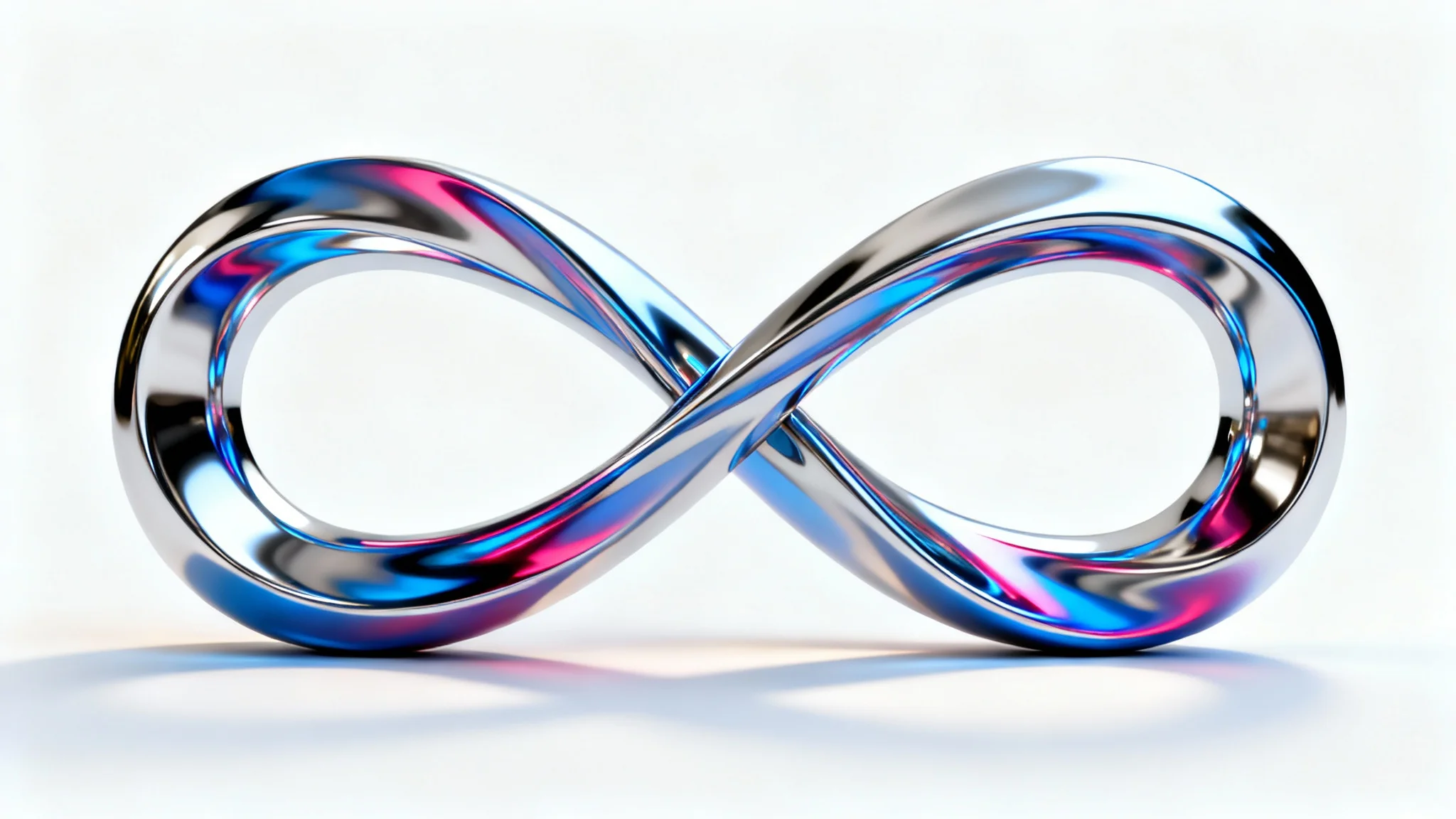 A photorealistic sculpture of flowing, intertwined chrome shapes forming an infinite loop, symbolizing a loop animation, set against a clean white background.