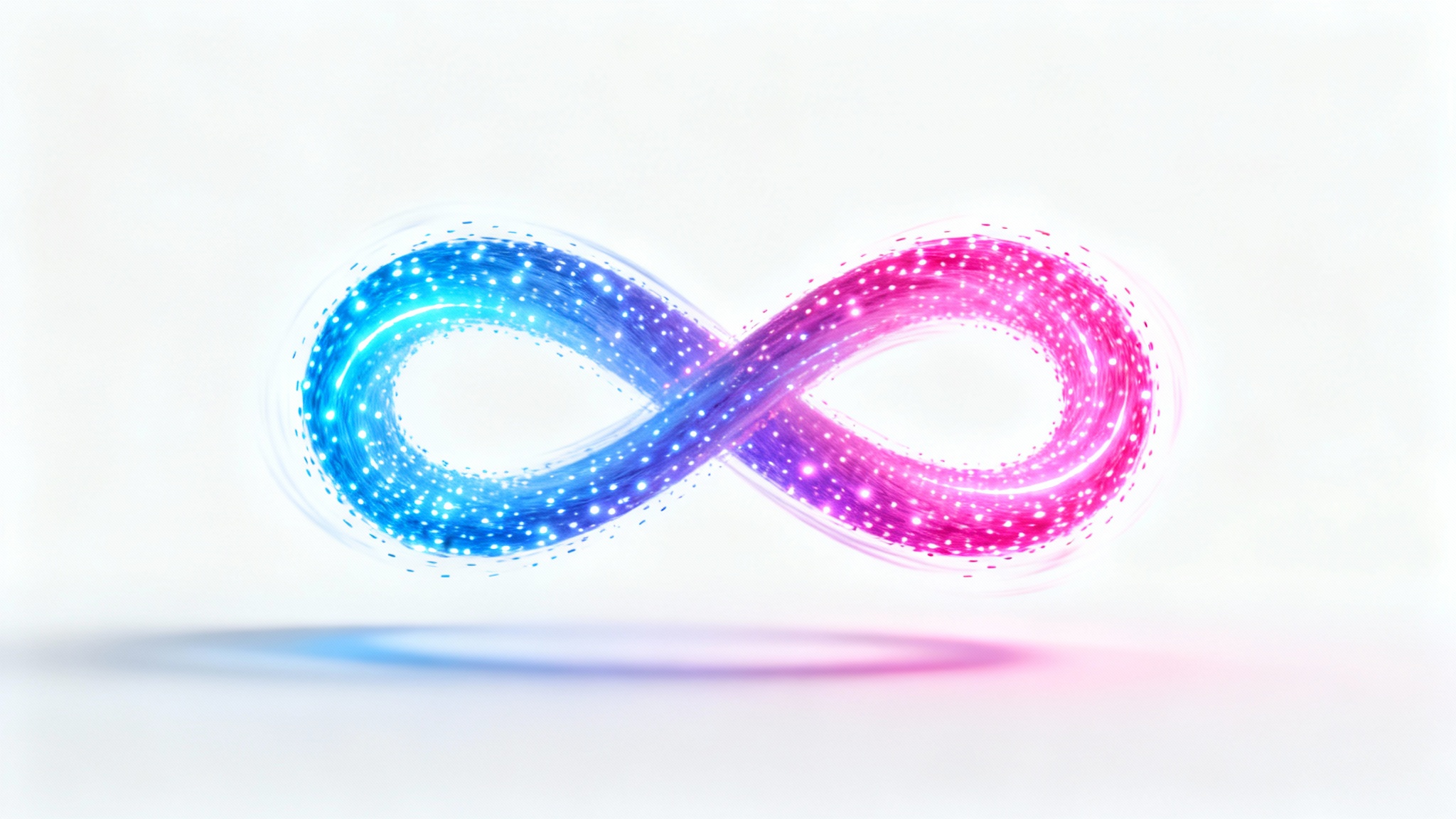 An abstract digital illustration on a white background, showing a continuous loop of glowing particles that transition from blue to pink, symbolizing a loop animation.
