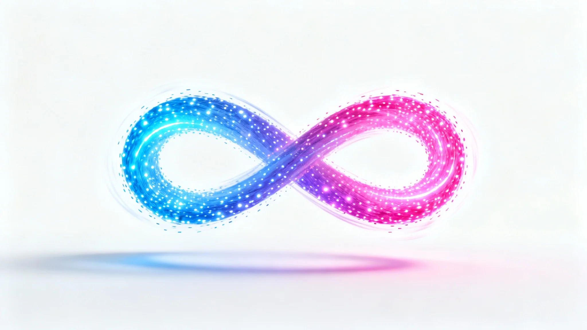 An abstract digital illustration on a white background, showing a continuous loop of glowing particles that transition from blue to pink, symbolizing a loop animation.
