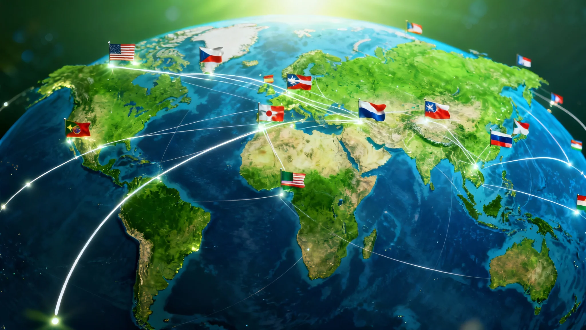 A stylized world map in green and blue, decorated with the national flags of various countries. Glowing lines connect the flags, symbolizing global unity and connection.