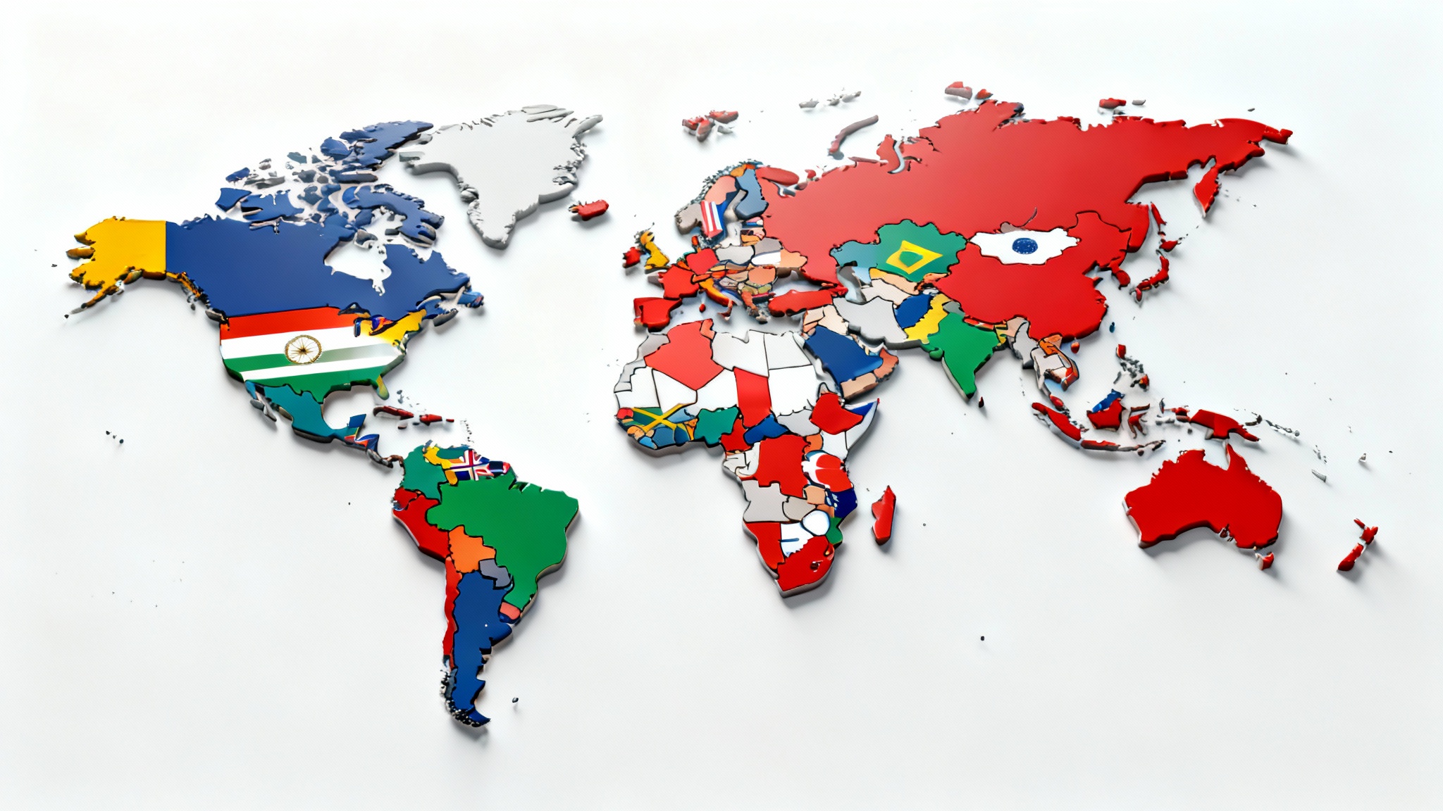 A stylized world map where each country is vividly colored with the pattern of its national flag, presented against a clean white background.