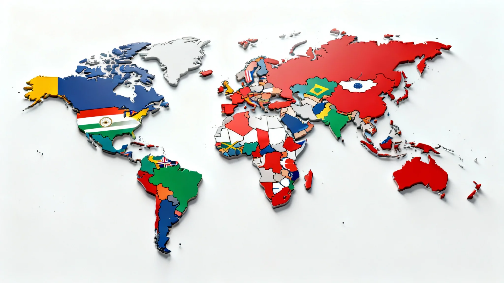 A stylized world map where each country is vividly colored with the pattern of its national flag, presented against a clean white background.