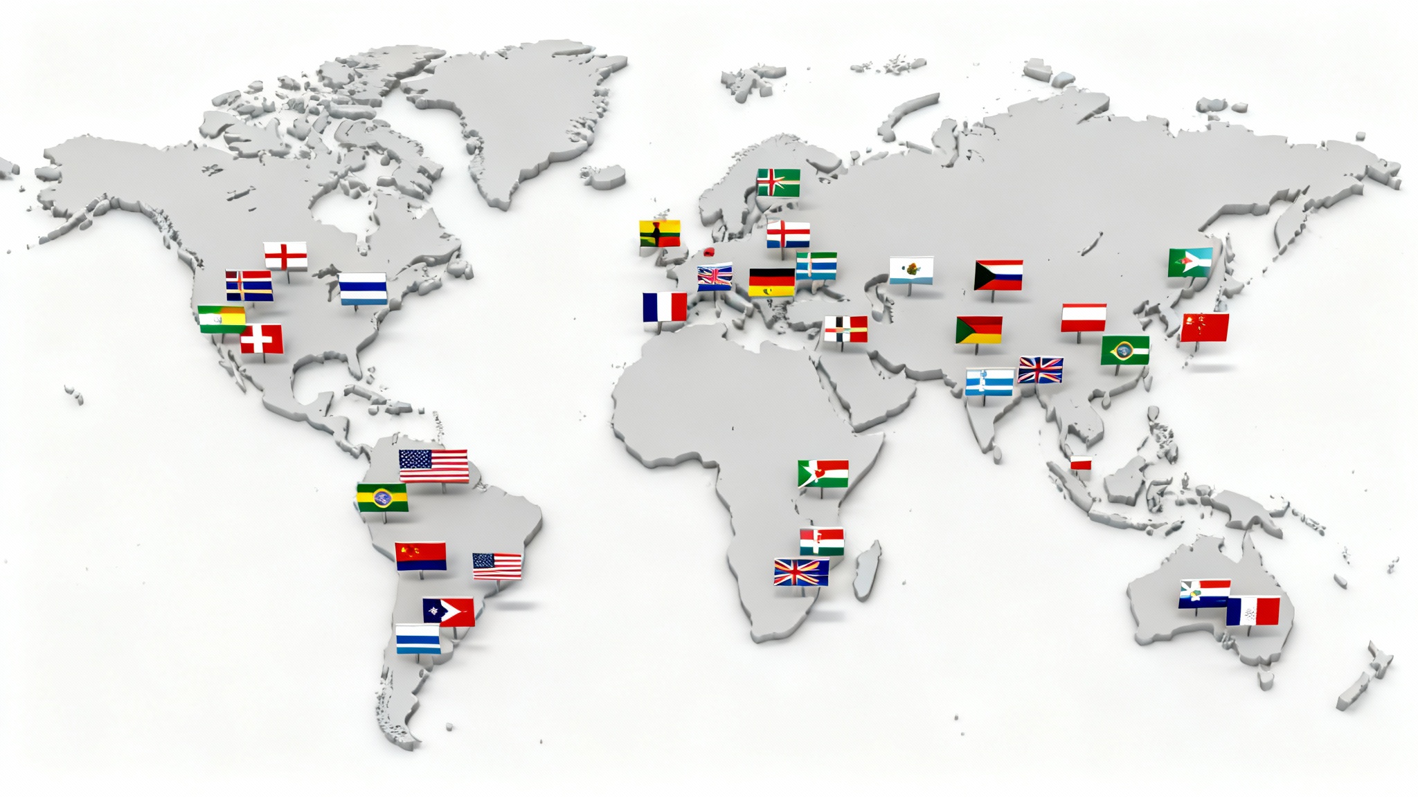 A stylized world map on a white background, with small, colorful national flags marking various countries across the continents.