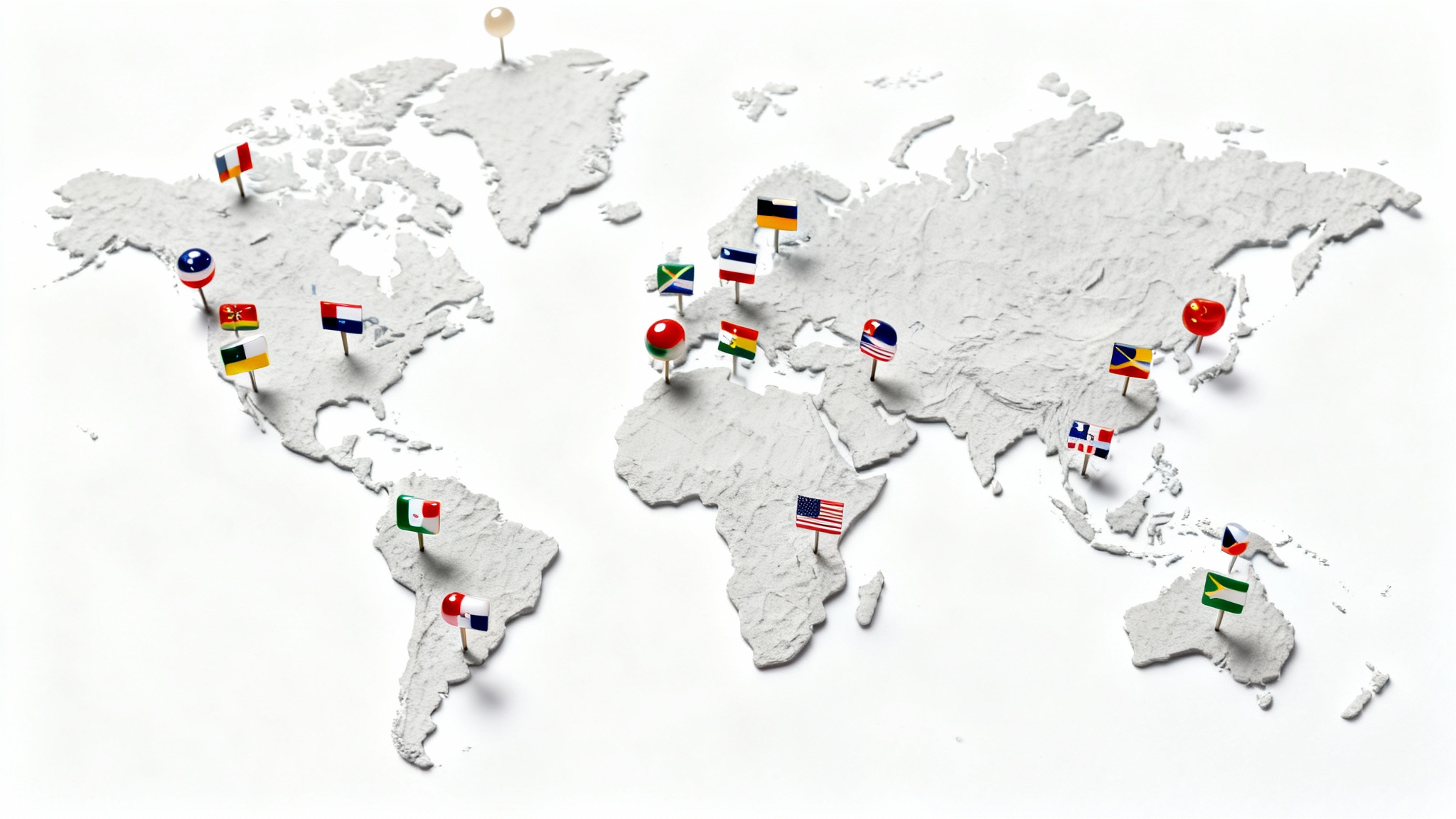A stylized light gray world map on a white background, with dozens of small, colorful flags of various nations pinned to their respective countries.