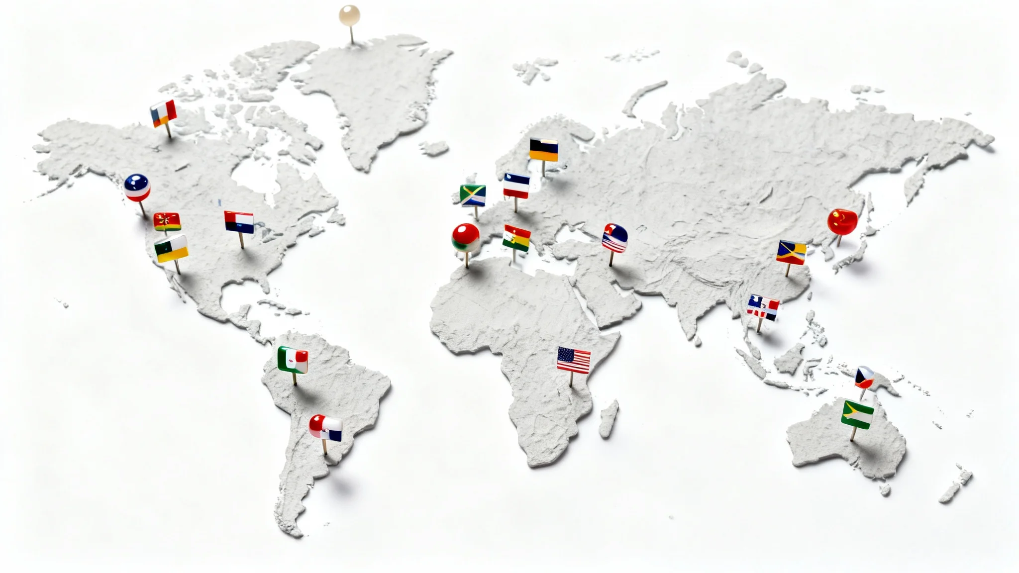 A stylized light gray world map on a white background, with dozens of small, colorful flags of various nations pinned to their respective countries.