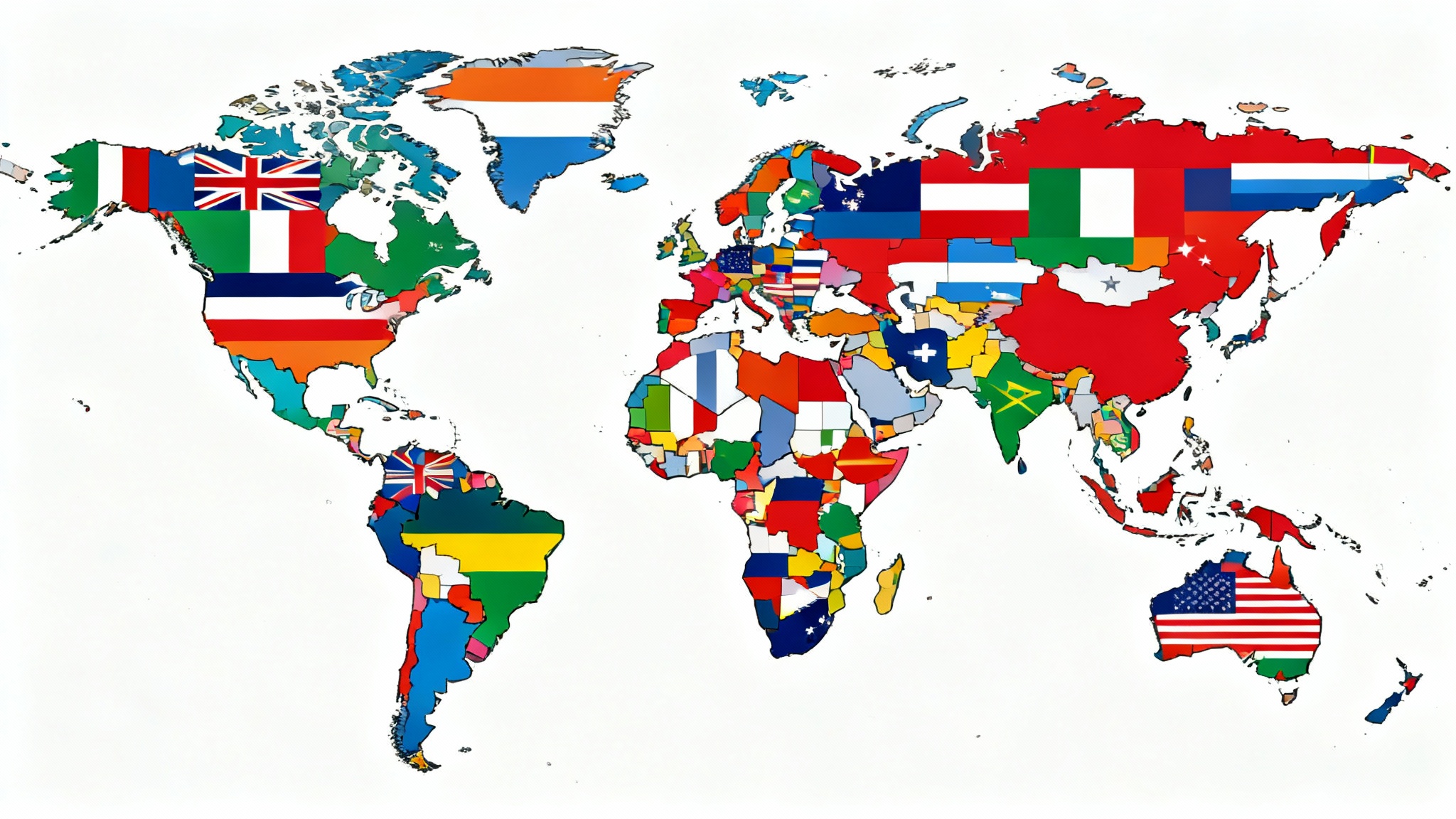 A modern world map where each country is filled with the design of its national flag, creating a colorful collage on a white background.