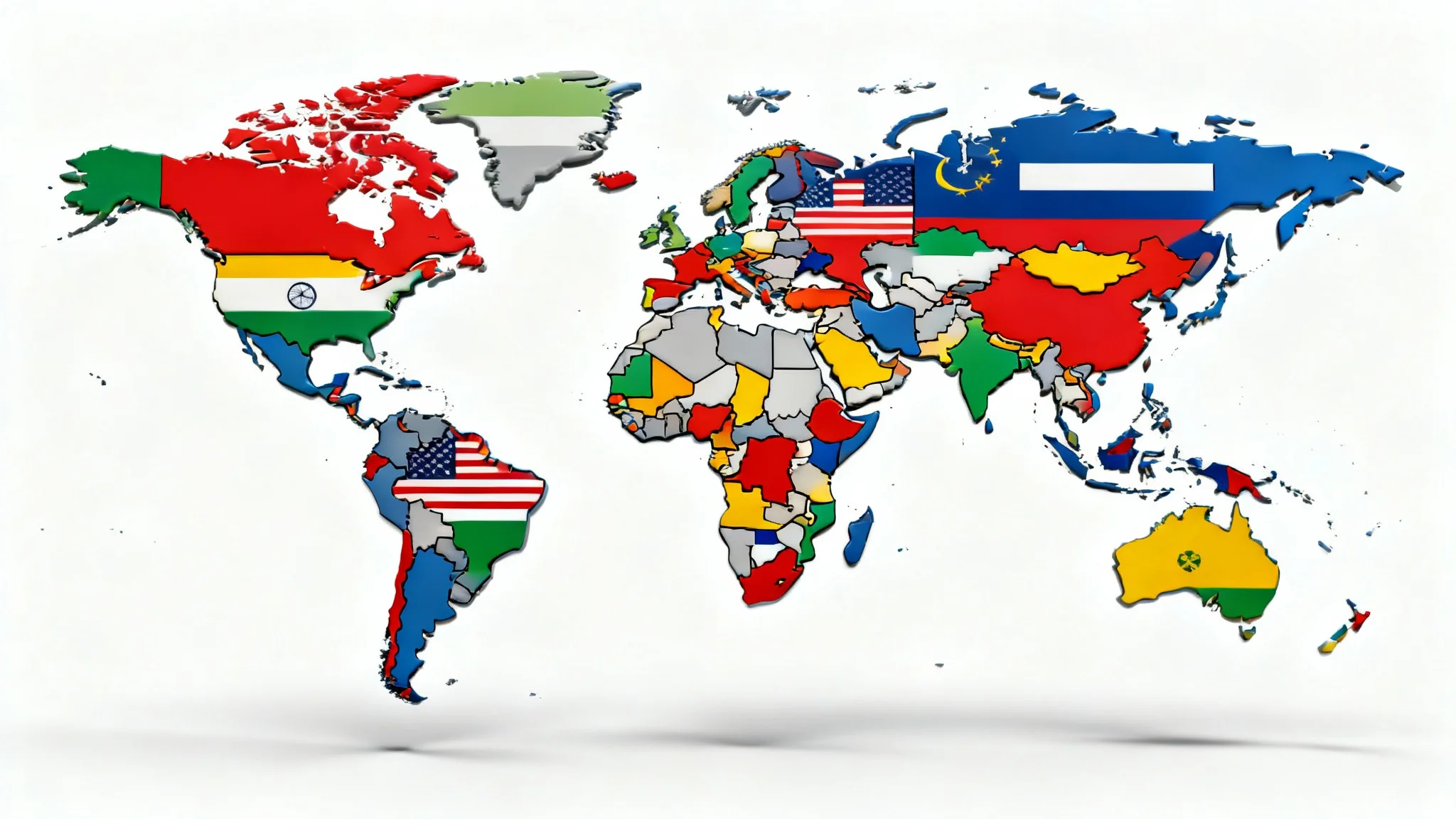 A stylized world map where each country is filled with the design of its national flag, presented on a clean white background.