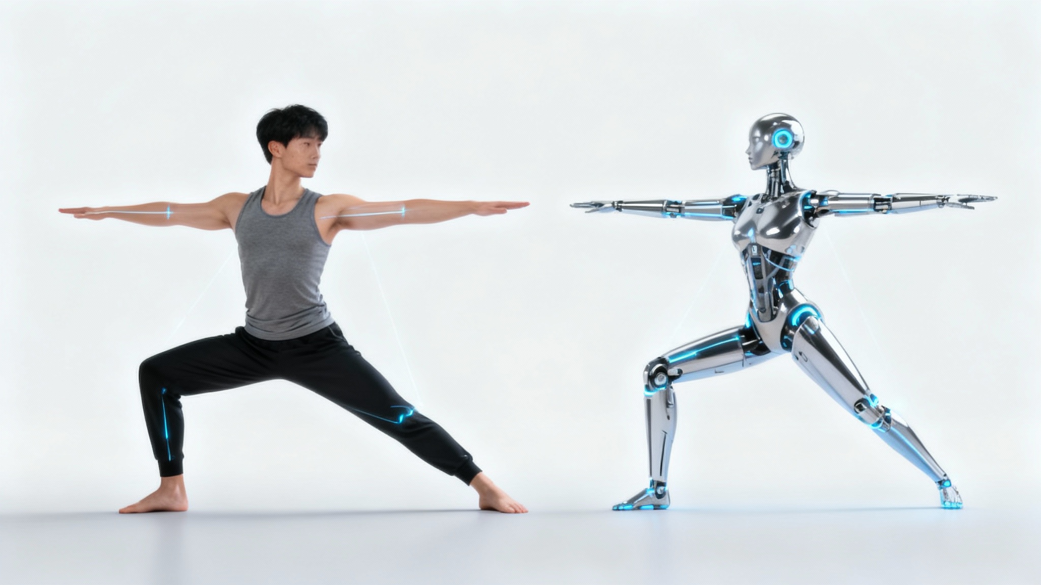 A side-by-side comparison showing pose transfer. On the left, a man holds a dynamic yoga pose. On the right, a futuristic android perfectly copies the exact same pose, demonstrating the technology's capability.