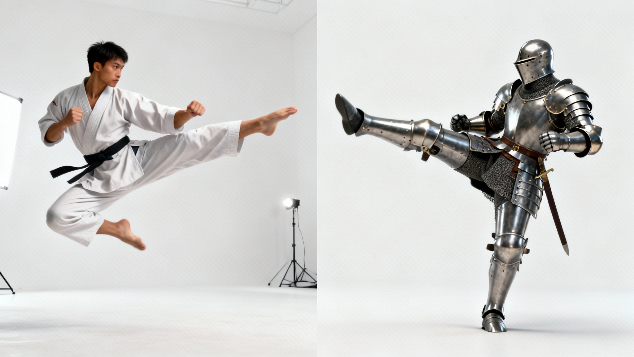 A visual demonstration of pose transfer technology. On the left, a martial artist is captured in a mid-air kick. On the right, a knight in full armor perfectly replicates the martial artist's exact pose.
