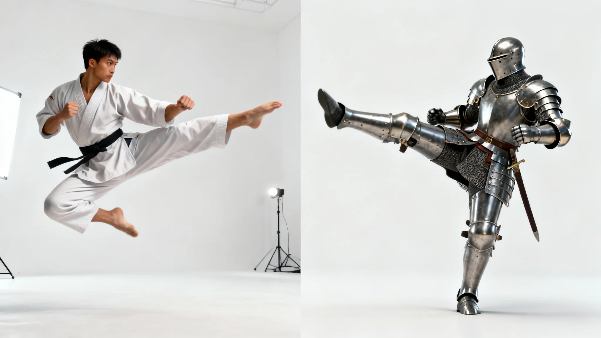 A visual demonstration of pose transfer technology. On the left, a martial artist is captured in a mid-air kick. On the right, a knight in full armor perfectly replicates the martial artist's exact pose.