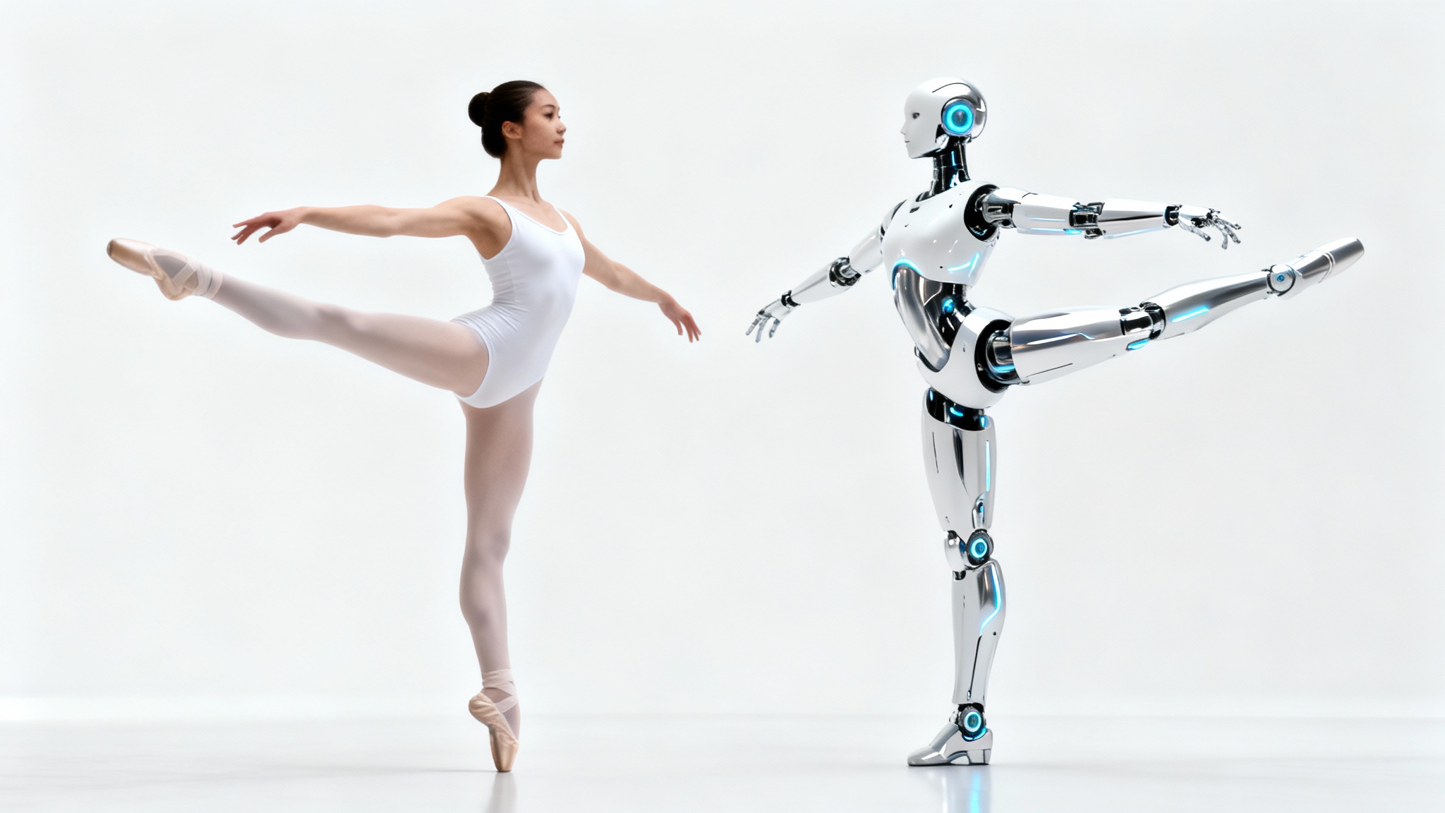 A ballerina in a white leotard and a futuristic white robot stand side-by-side, perfectly mirroring each other's elegant ballet pose against a clean white background.