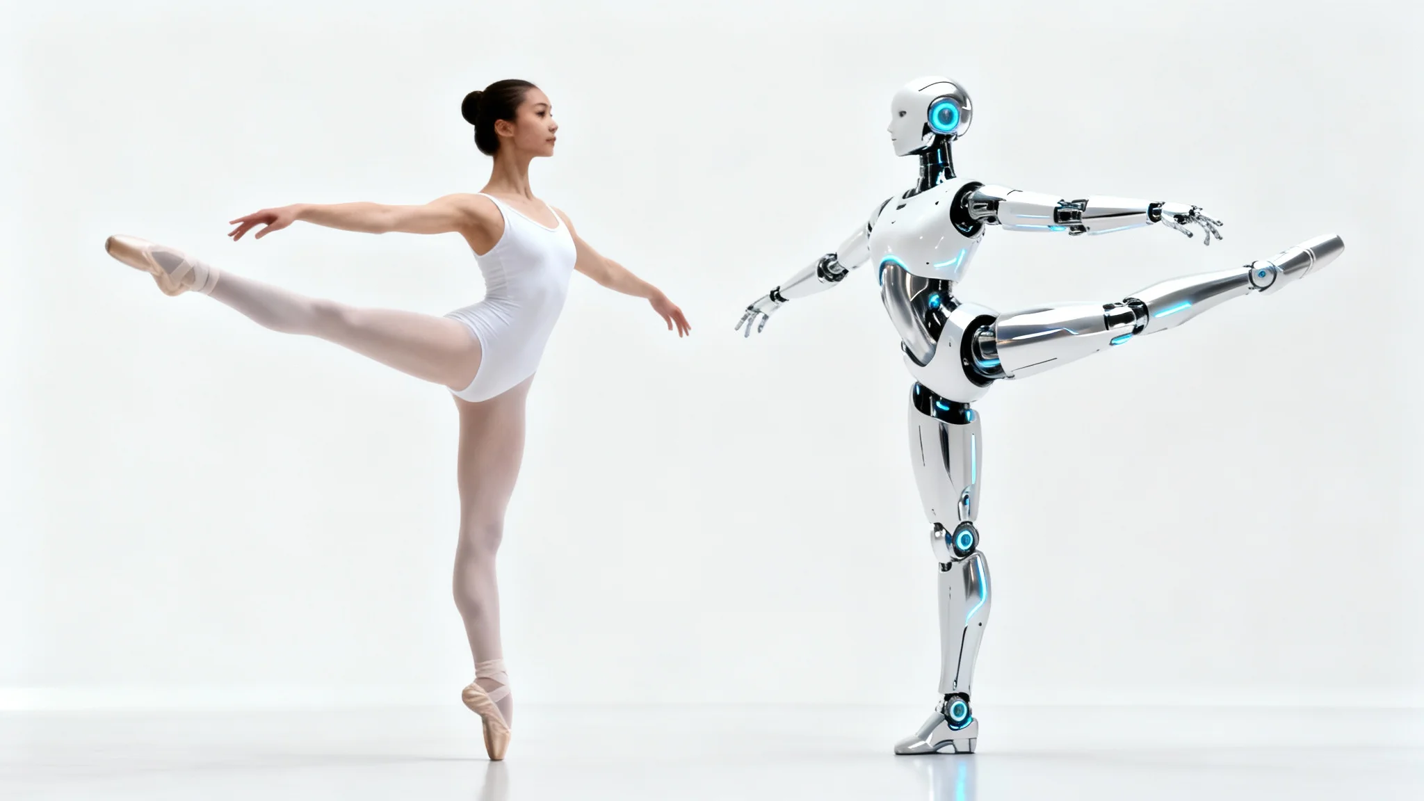 A ballerina in a white leotard and a futuristic white robot stand side-by-side, perfectly mirroring each other's elegant ballet pose against a clean white background.