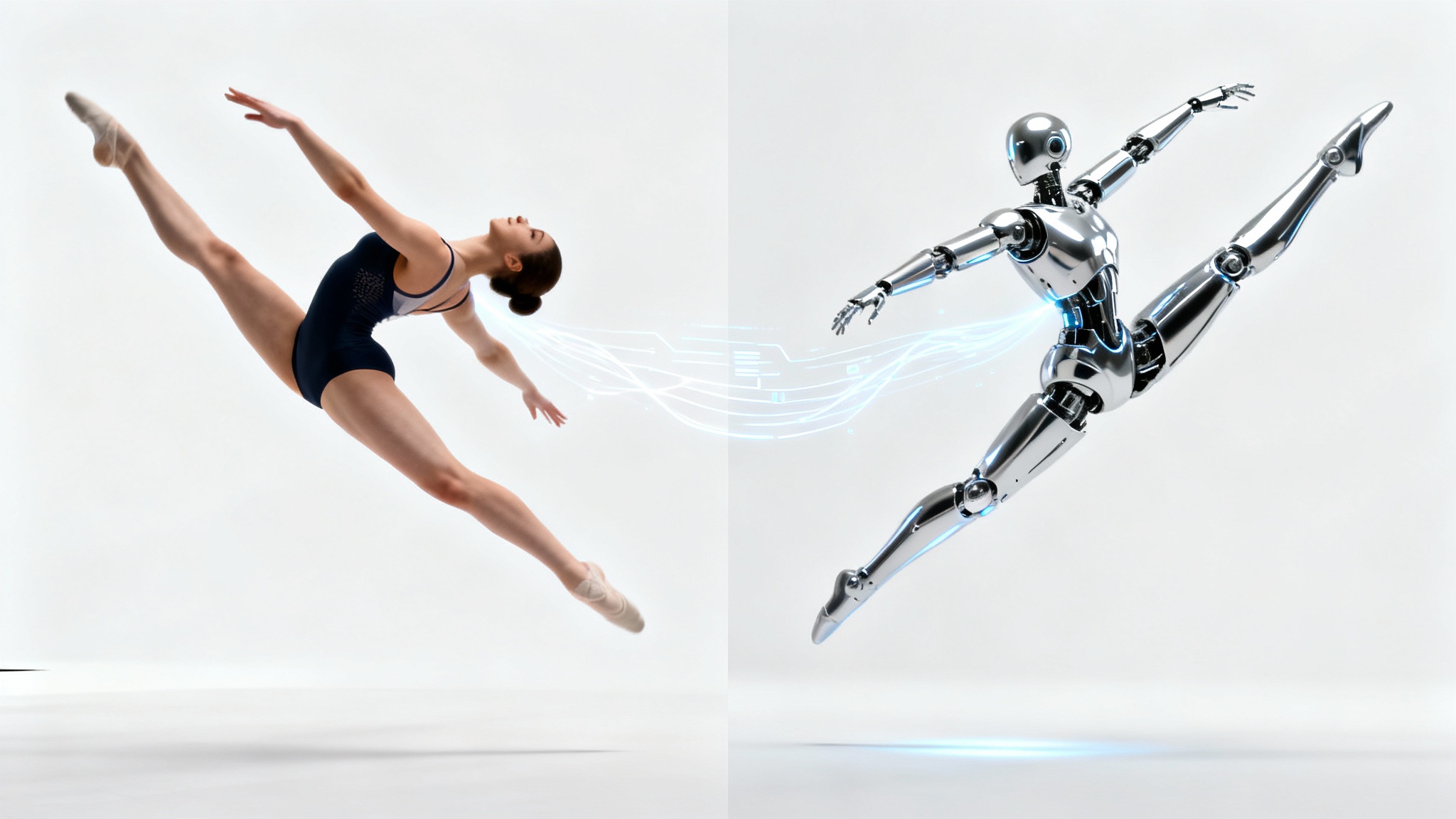 A conceptual image showing pose transfer. On the left, a gymnast is in mid-air, and on the right, a robot perfectly copies the gymnast's pose.