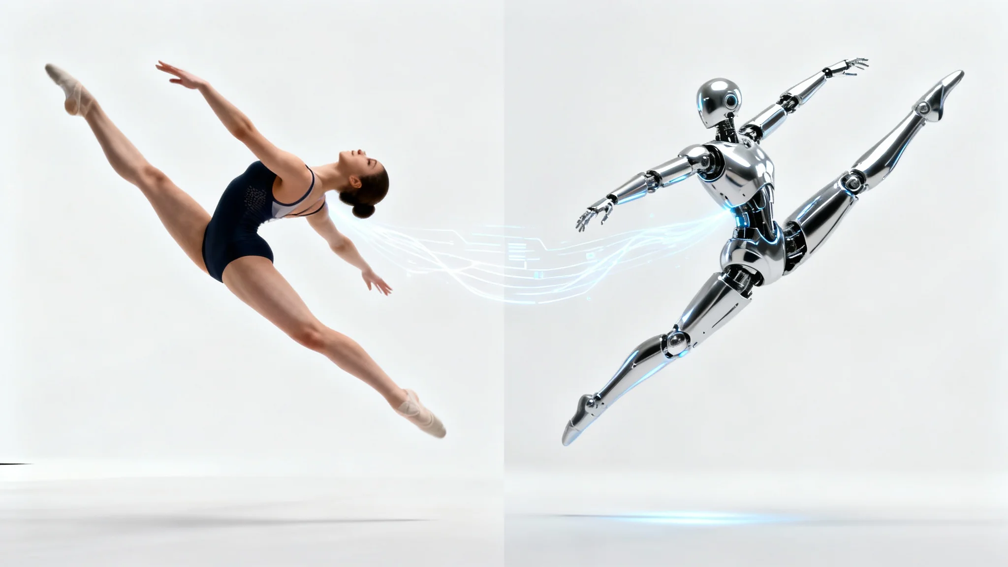 A conceptual image showing pose transfer. On the left, a gymnast is in mid-air, and on the right, a robot perfectly copies the gymnast's pose.