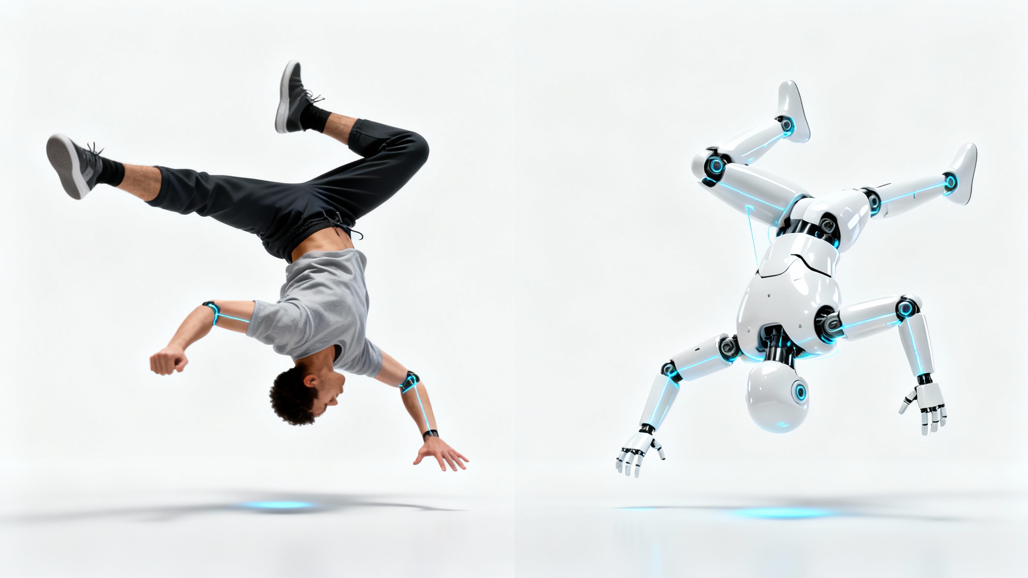 An image demonstrating pose transfer technology. On the left, a male breakdancer is in a dynamic pose. On the right, a white android perfectly copies the dancer's pose, with digital lines connecting their joints.
