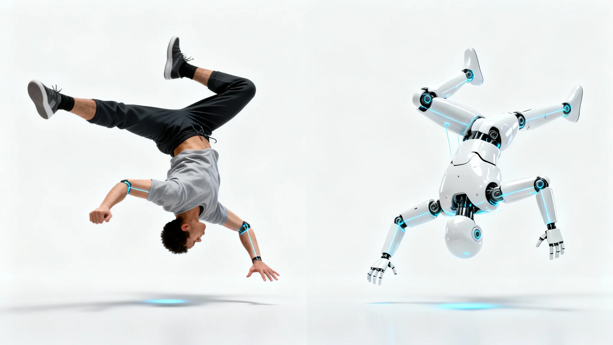An image demonstrating pose transfer technology. On the left, a male breakdancer is in a dynamic pose. On the right, a white android perfectly copies the dancer's pose, with digital lines connecting their joints.