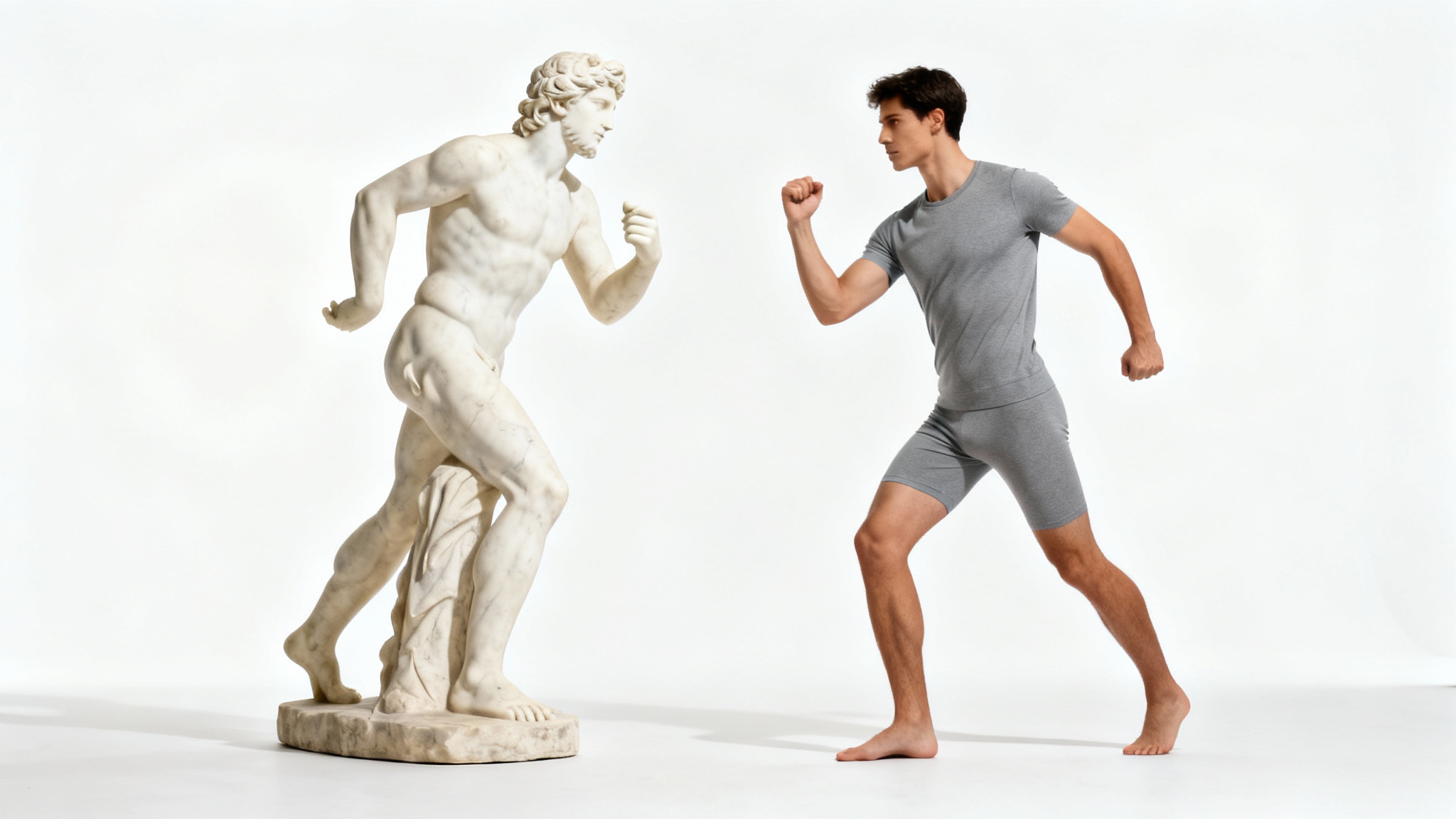 A classical Greek statue and a modern man standing side-by-side, with the man perfectly mirroring the statue's dynamic pose, illustrating the concept of pose transfer against a clean white background.